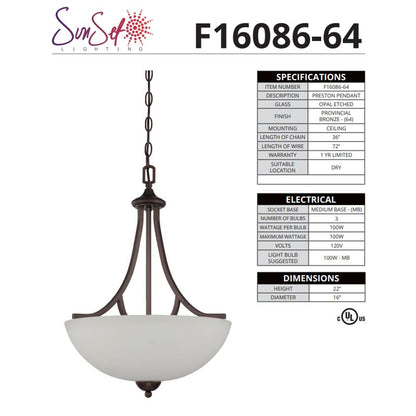 Luminance F16086-64 Pendant Preston 3-Lights 100W Provincial Bronze