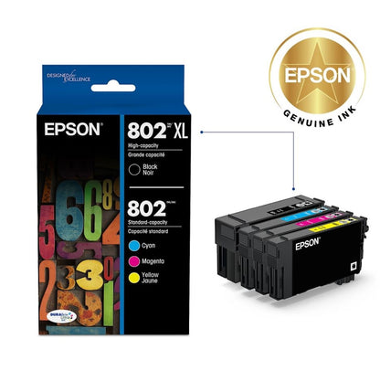 Epson T802XL/T802 Black High Yield & Cyan/Magenta/Yellow Standard Yield Ink Cartridge