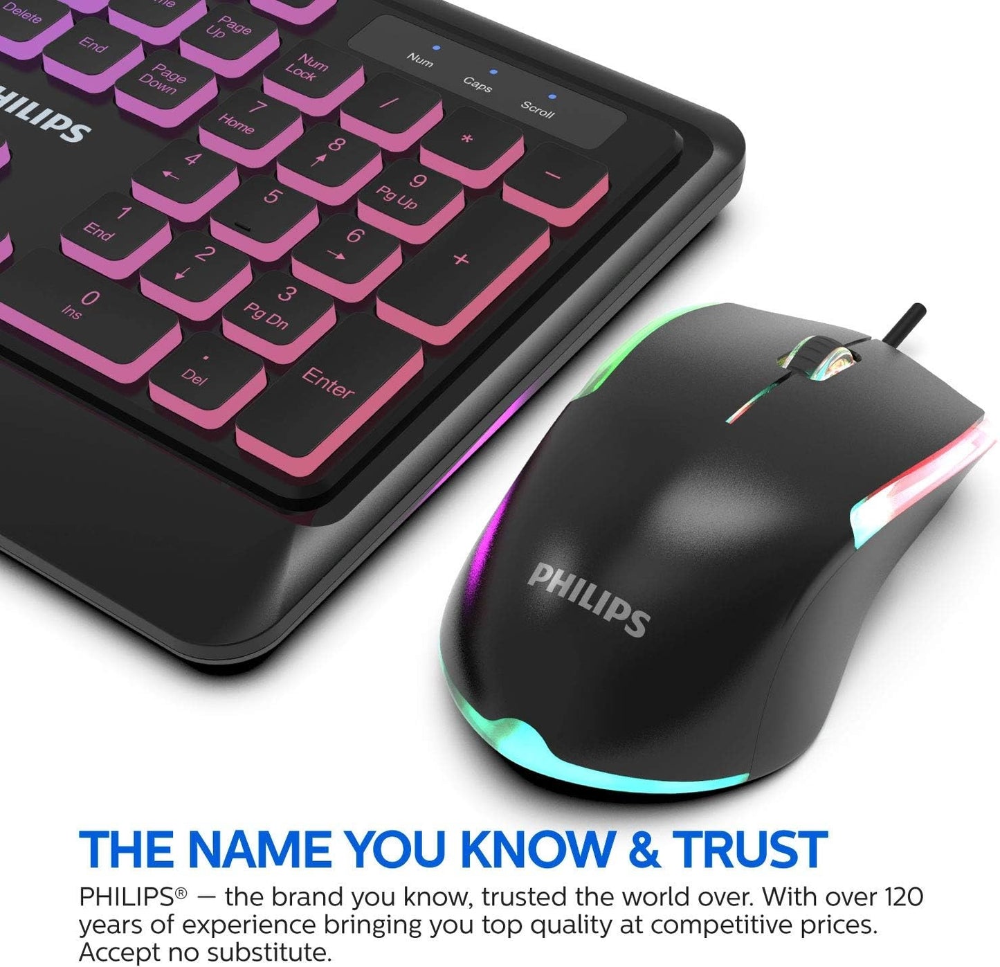 PHILIPS Elegant USB Keyboard and Mouse Combo | Low-Profile Full-Sized Keyboard, 3-Button Mouse w/RGB Light FX SPT8294