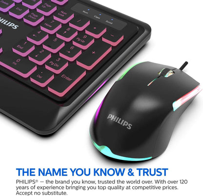 PHILIPS Elegant USB Keyboard and Mouse Combo | Low-Profile Full-Sized Keyboard, 3-Button Mouse w/RGB Light FX SPT8294