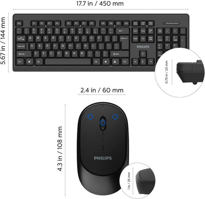 Philips SPT6324 Wireless Keyboard and Mouse Combo | Ambidextrous, Low-Profile | Adjustable DPI Mouse, Full-Sized Keyboard