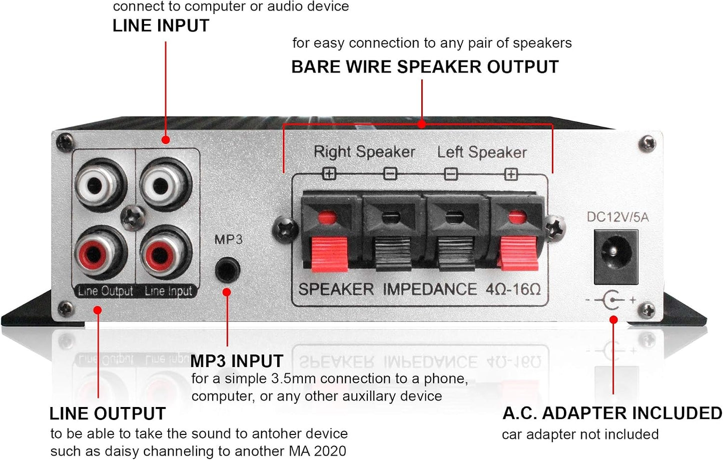 Technical Pro MA2020 Class-T Stereo Mini Amplifier with Power Supply, Headphone Output & Microphone, Silver