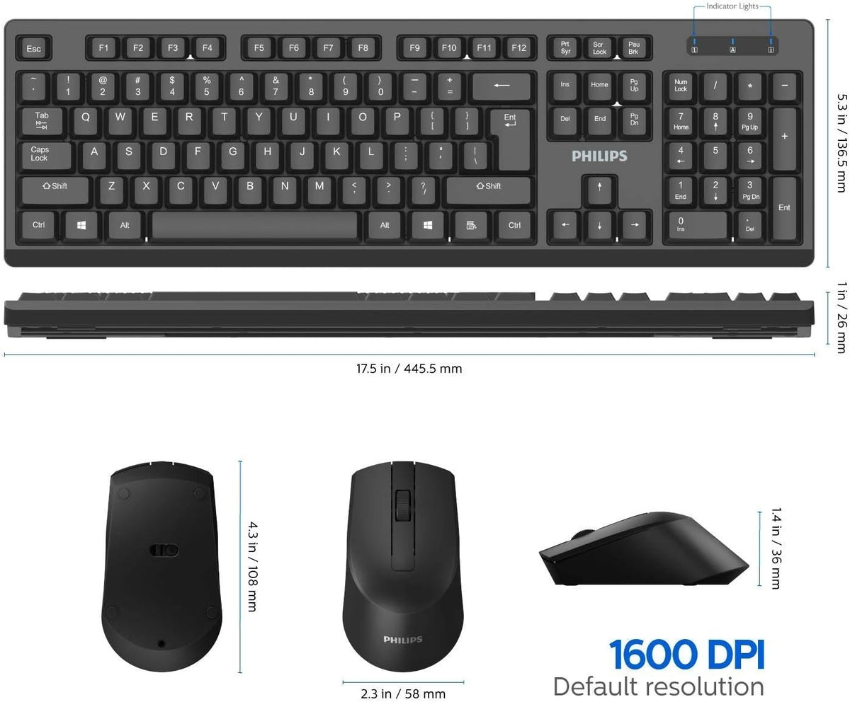 PHILIPS Wireless Keyboard and Mouse Combo | Optimized 2.4GHz Drop-Free Connection SPT6354