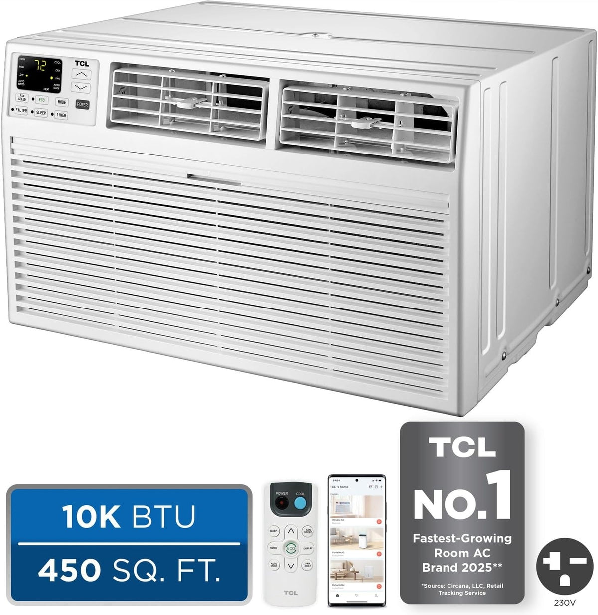 TCL 10,000 BTU Smart Through-the-Wall Air Conditioner, 230V, Wi-Fi 450 Sq.Ft. H10T9EX1-A1