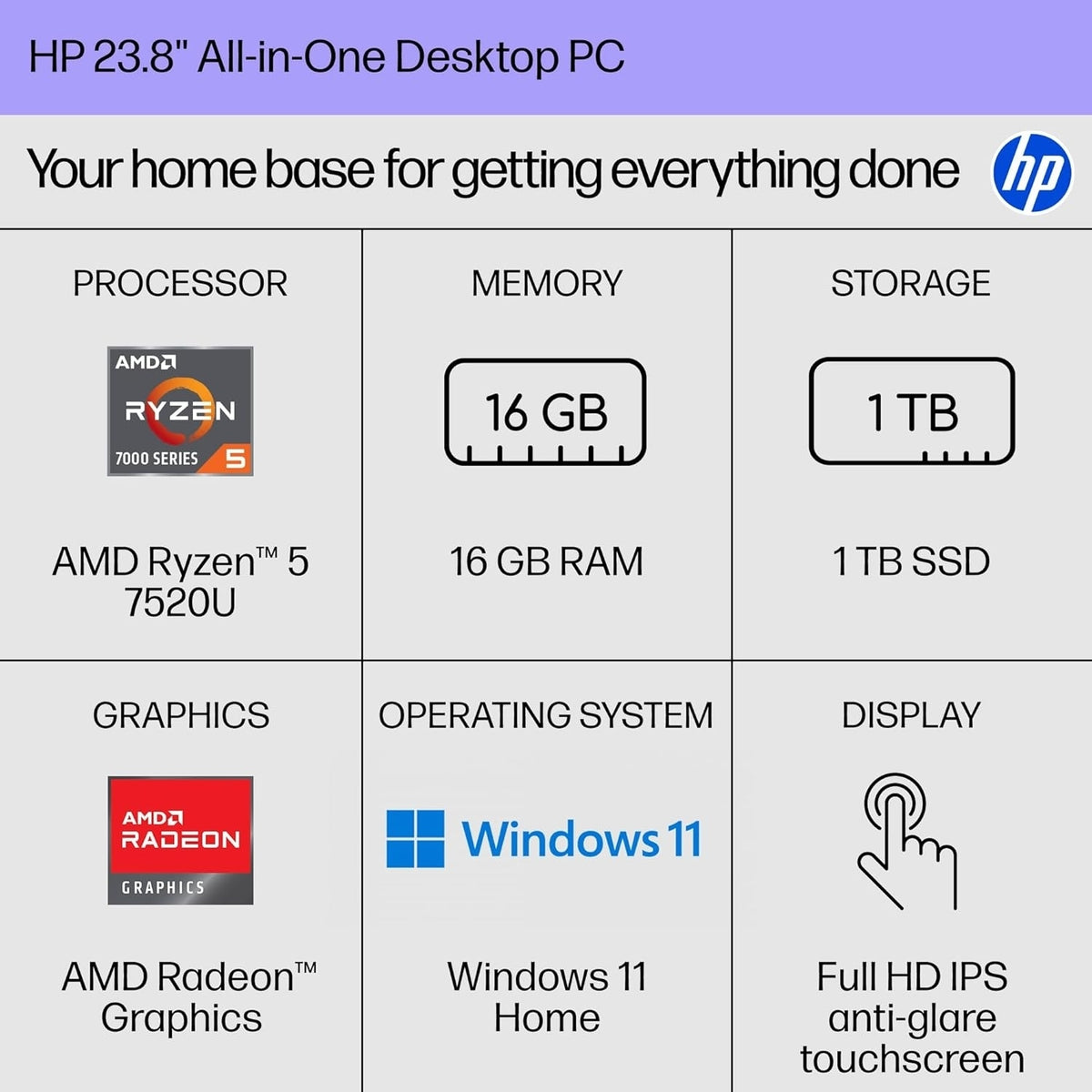 HP 23.8" Touch All-in-One Desktop PC AMD Ryzen 5 7520U, 16GB 1TB SSD B88DDAA