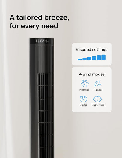 PELONIS 42-Inch  6 Speeds, 4 Modes Tower Fan for Bedroom – 26ft/s, 90° Oscillating Tower Fan with Remote Control PFZ42R0APK