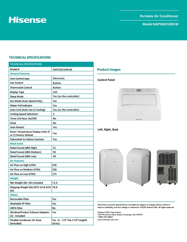 Hisense Portable Air Conditioner w/ Heatpump SACC 8000 BTU 550 sq ft HAP55021HR1W
