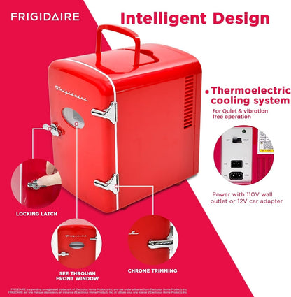 Frigidaire Portable Retro 6-can/4L Mini Fridge EFMIS129-RED, Includes 110V home power cord & 12V DC car adapter