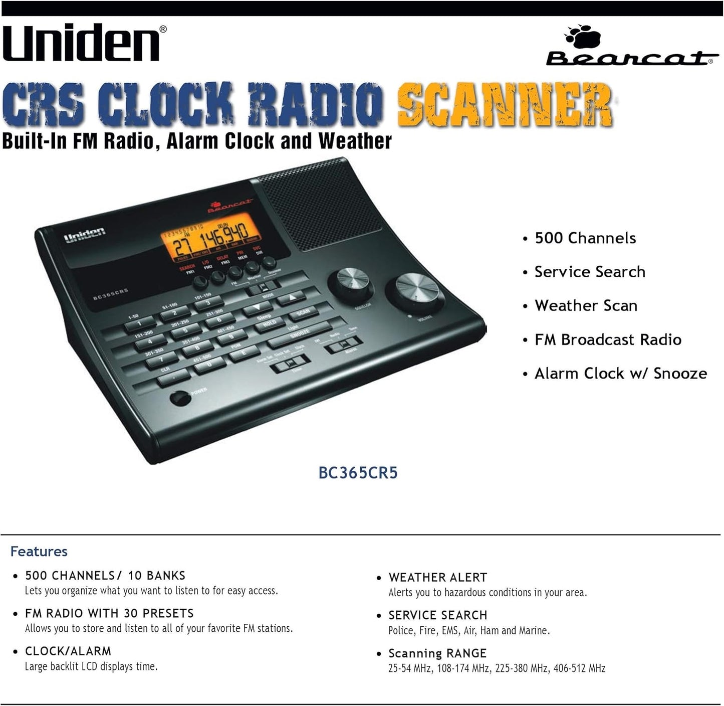Uniden - BC365CRS 500 Channel Clock/FM Radio Scanner with Weather Alert - Black