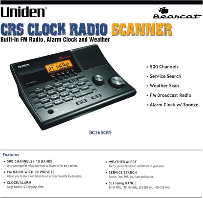 Uniden - BC365CRS 500 Channel Clock/FM Radio Scanner with Weather Alert - Black