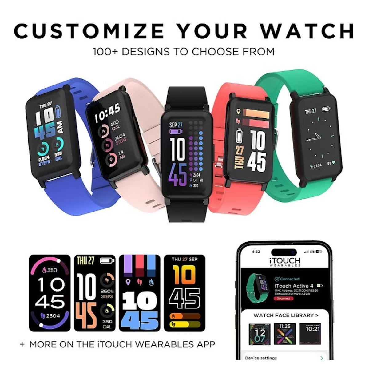 iTouch Active 4 Unisex Blue Smartwatch Fitness Tracker TC4S01-G06