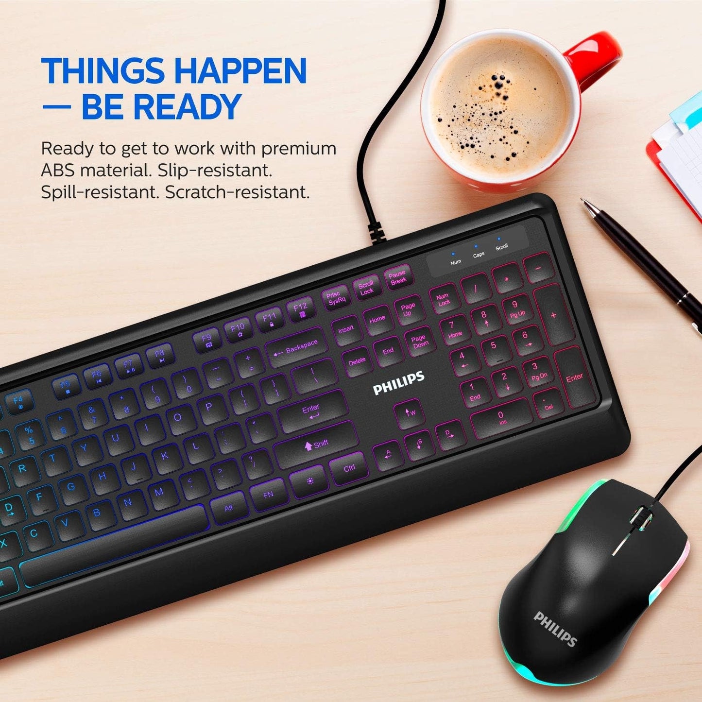 PHILIPS Elegant USB Keyboard and Mouse Combo | Low-Profile Full-Sized Keyboard, 3-Button Mouse w/RGB Light FX SPT8294
