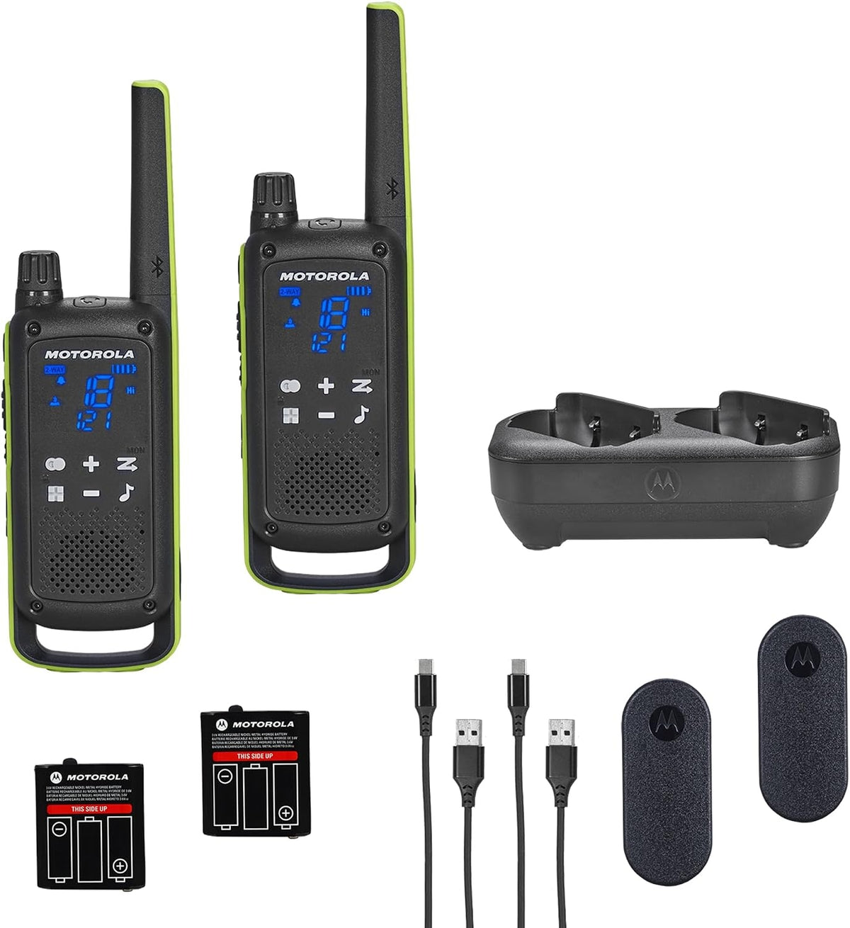 Motorola Solutions T803 Waterproof IP54 Two Way Radio Walkie Talkie 35 mi. Bluetooth w/Charging Dock 2-Pack Lime Green