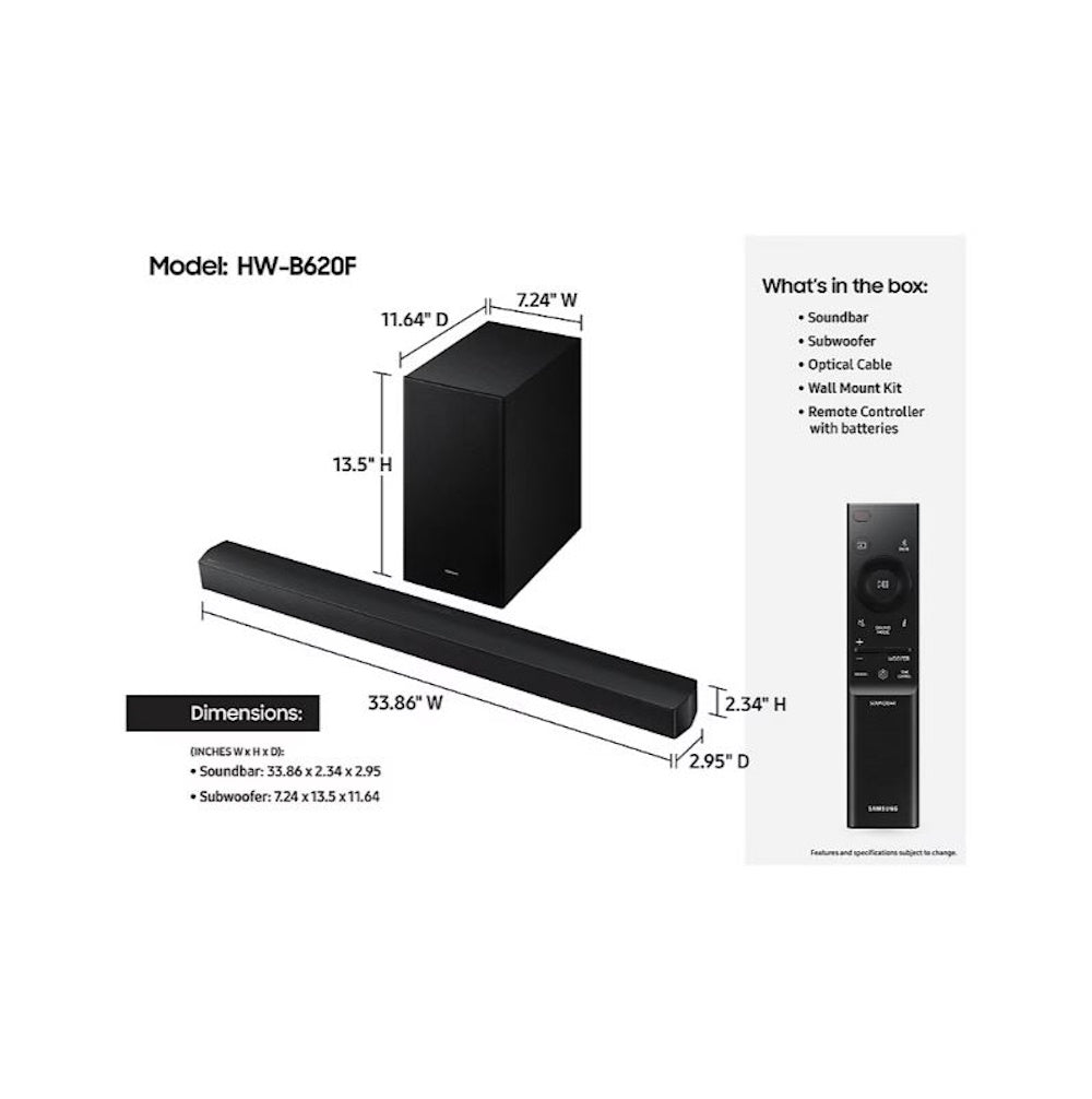 Samsung HW-B620F 3.1 Channel Soundbar with Subwoofer, Dolby Audio/DTS Virtual:X, Voice Enhance & Game Mode, Black