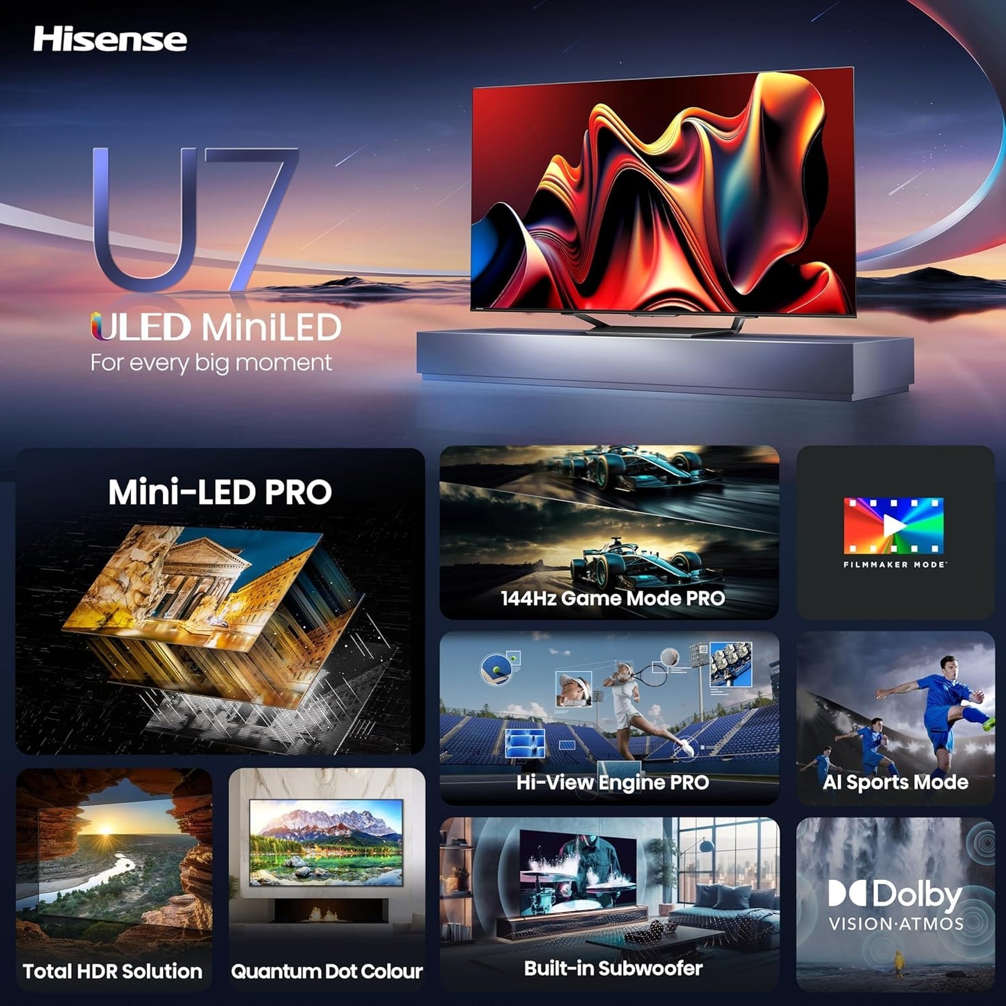 Hisense 85" Class U7 Series Mini-LED 4K UHD QLED Smart Google TV, 144Hz With Game Mode Pro (2024) 85U7N