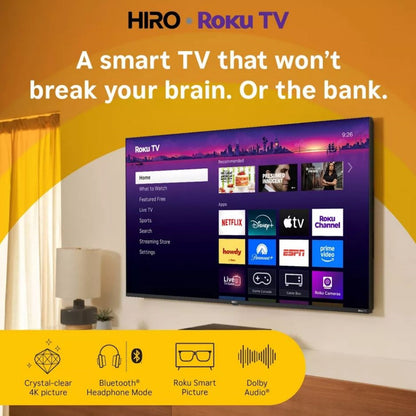 Hiro 65" 4K HDR Smart TV Flat Screen LED Television with Roku TV and Dolby Audio Streaming H65C4C4