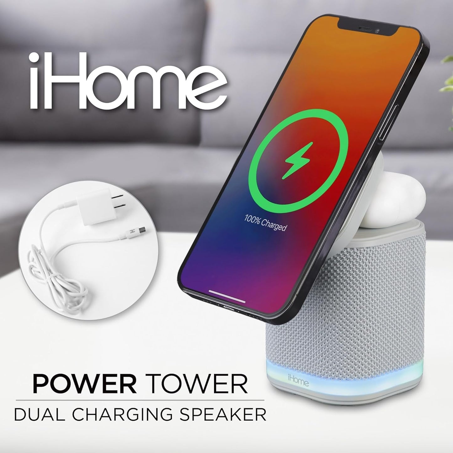 iHome Bluetooth Speaker with Wireless Charger, Charging Station with Color Changing Night Light - Gray (iPBT50G)