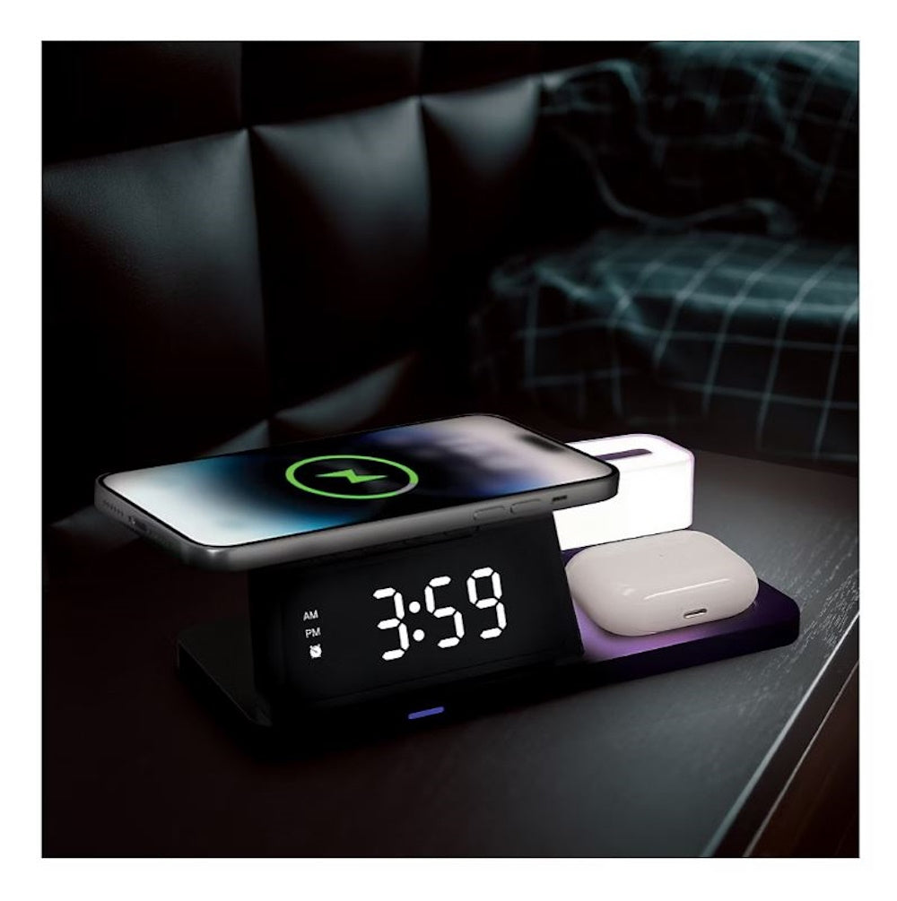 Smartpoint Wireless Charging Alarm Clock with Night Light, Smart Watch and Earbuds Charging Stations SPWLSCHACNL2