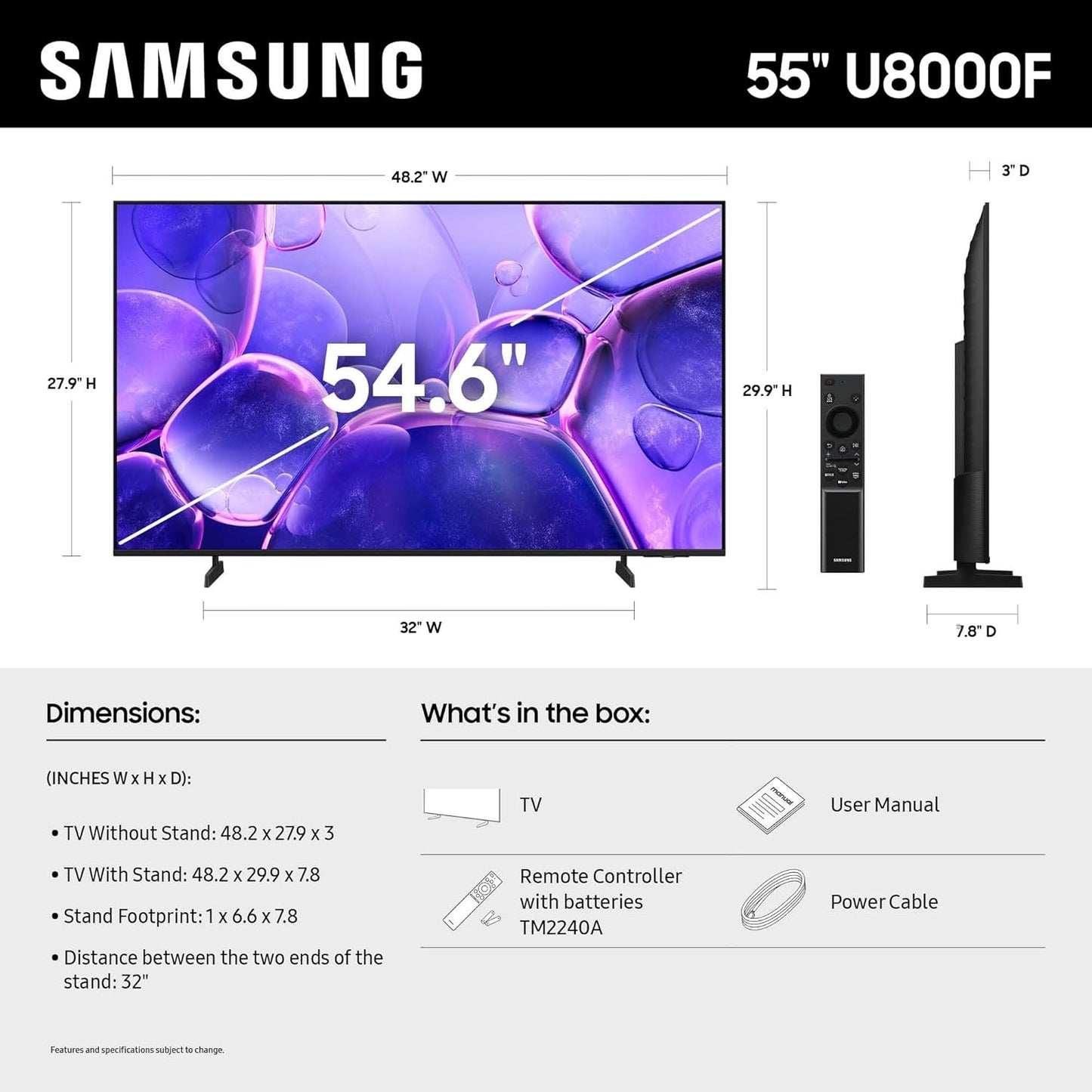 Samsung 55” Class U8000F Series Crystal UHD 4K Smart Tizen TV (2025) UN55U8000FD