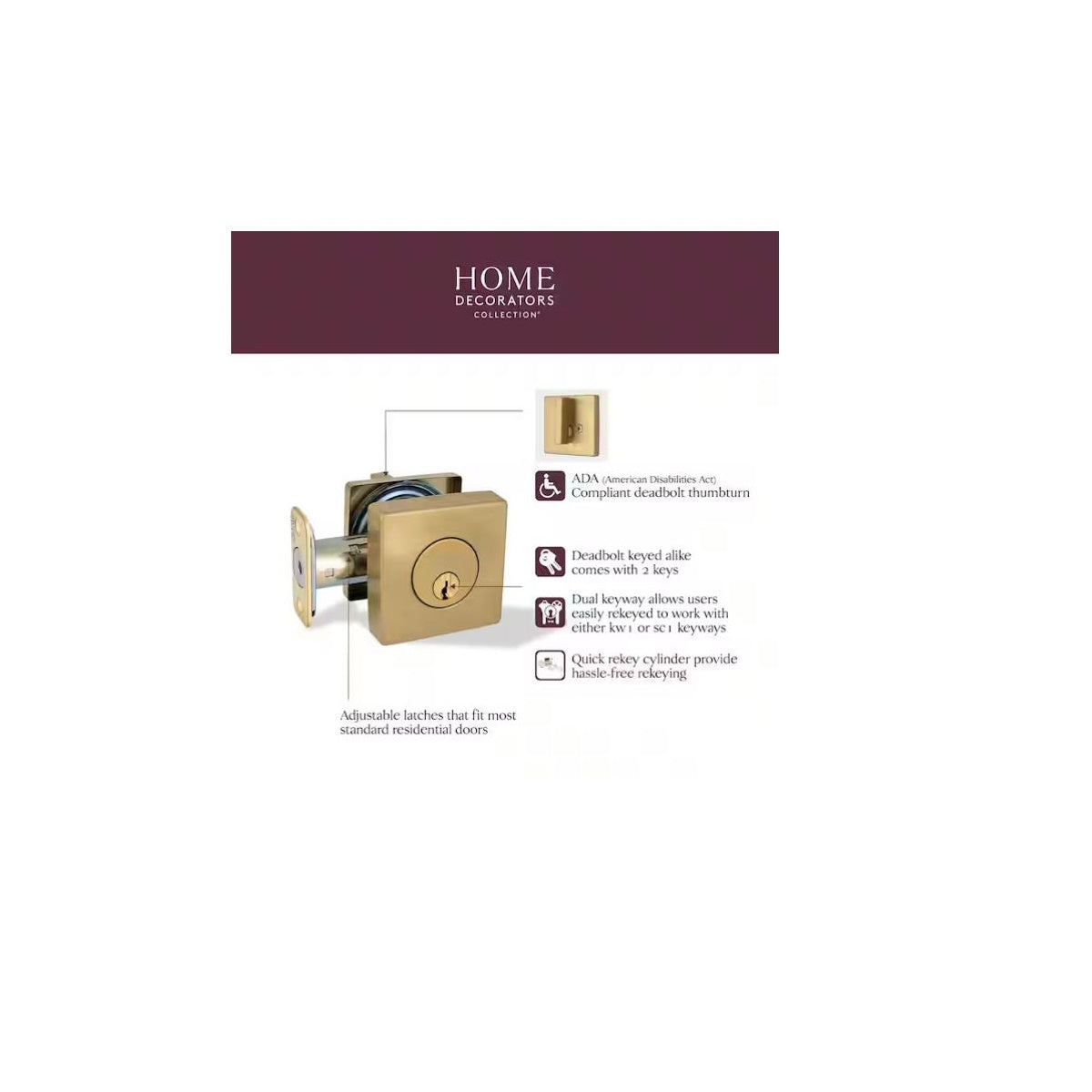 Square Brushed Gold Single Cylinder Deadbolt Featuring Dual Keyway DD2XM1PXJ