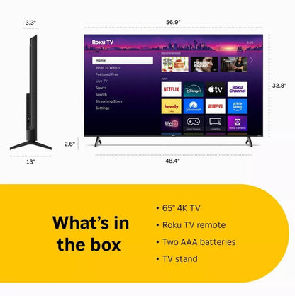 Hiro 65" 4K HDR Smart TV Flat Screen LED Television with Roku TV and Dolby Audio Streaming H65C4C4