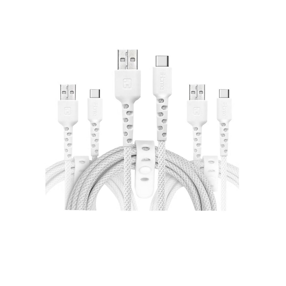 iHome TPE Durastrain USB-C to USB-A Nylon Braid Charging Cable Silicone Wrap 3PK 2IHCC2291W0L2