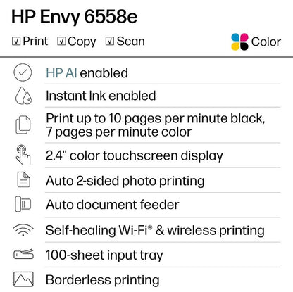HP Envy 6558E Wireless All-in-One Color Photo Inkjet Printer White 714N8A#1H3