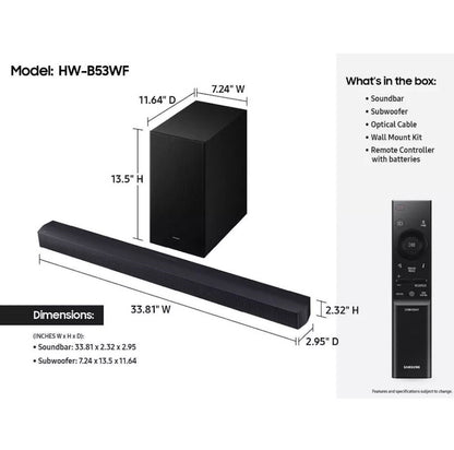 Samsung HW-B53WF 2.1Ch DTS Virtual:X Soundbar with Subwoofer: HDMI ARC, 306 Watts, Bluetooth, Wall Mountable