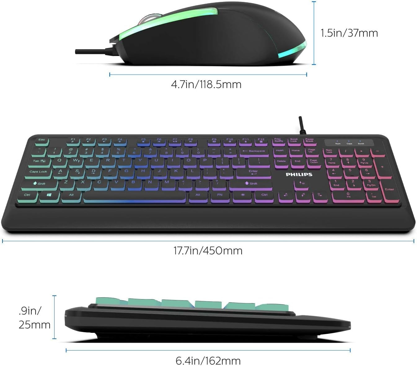 PHILIPS Elegant USB Keyboard and Mouse Combo | Low-Profile Full-Sized Keyboard, 3-Button Mouse w/RGB Light FX SPT8294