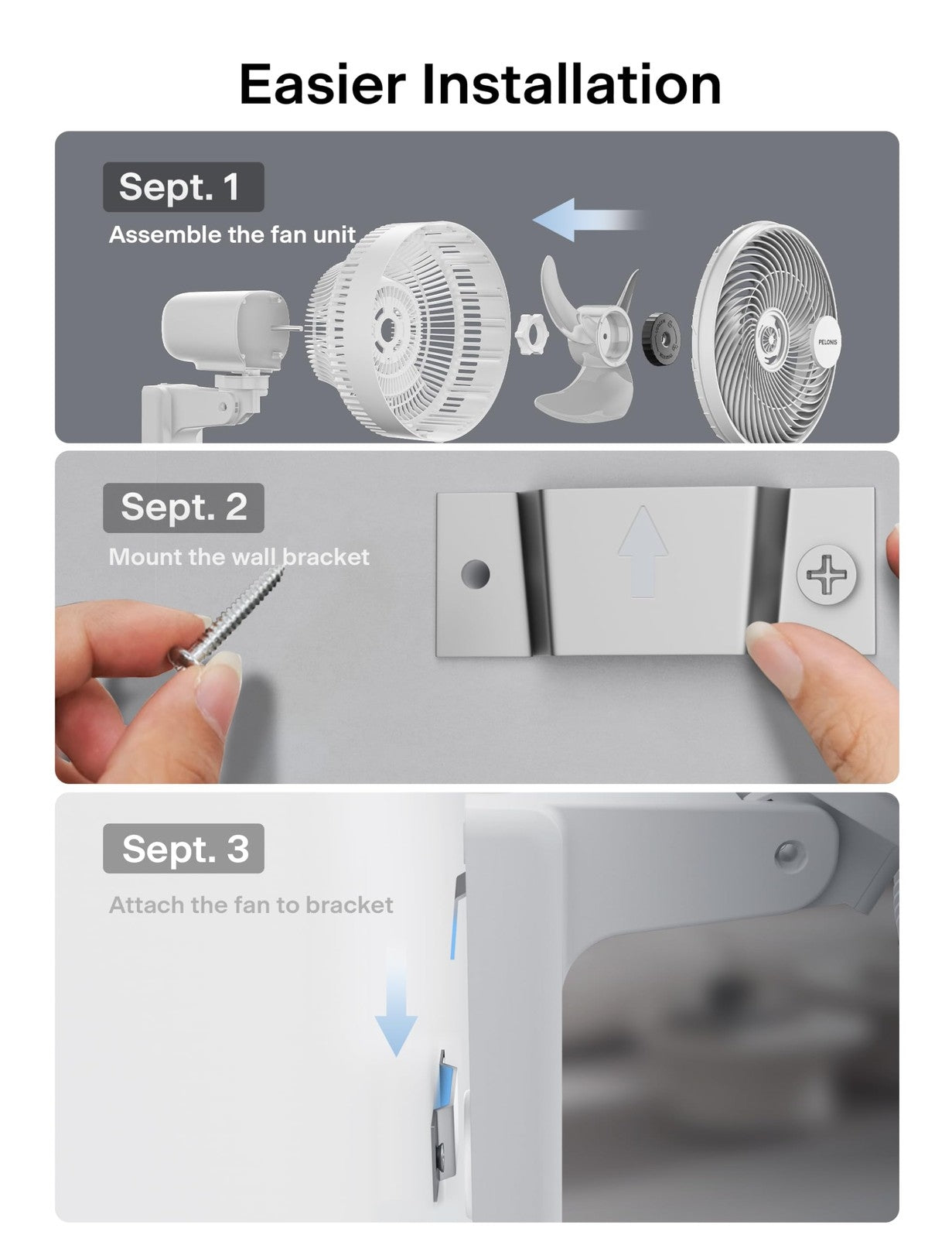 Pelonis 9" Oscillating Wall Fan with Remote Control - 33ft Airflow & 3 Speed Settings PSFW16R2AWW