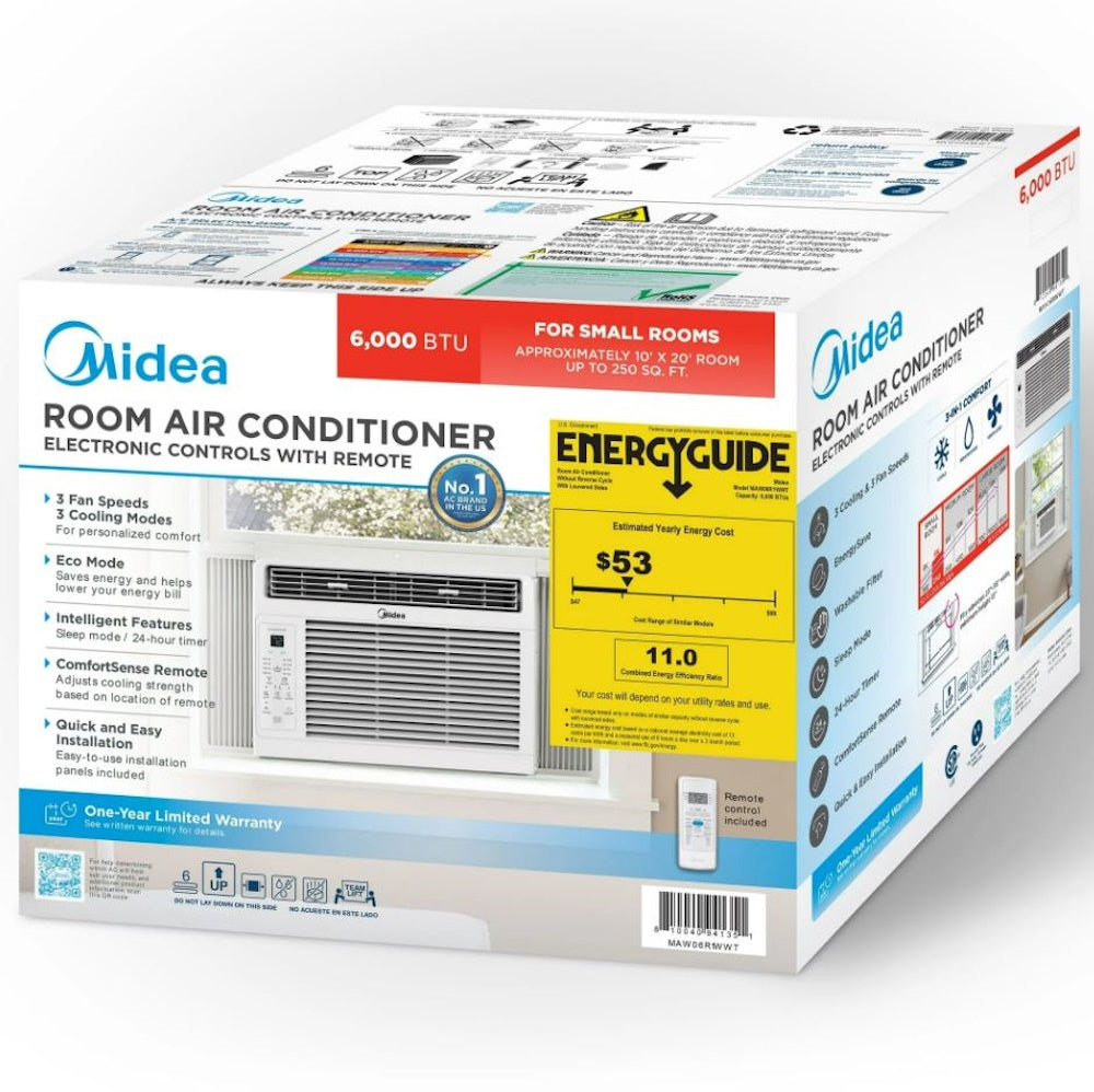 Midea 6,000 BTU 115V Window Air Conditioner w/ Comfort Sense Remote, up to 250 Sq. ft., White, Cooling Modes: Cool, Dehumidify, Ventilate - MAW06R1WWT-T