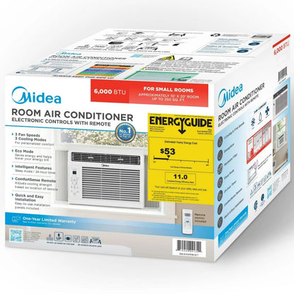 Midea 6,000 BTU 115V Window Air Conditioner w/ Comfort Sense Remote, up to 250 Sq. ft., White, Cooling Modes: Cool, Dehumidify, Ventilate - MAW06R1WWT-T