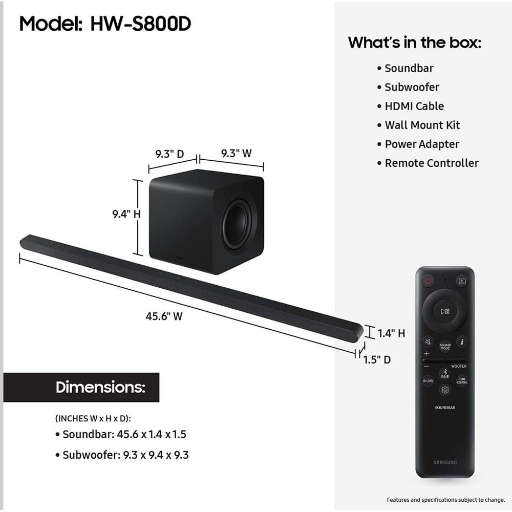 Samsung 3.1.2 Ch Q-Series Ultra Slim Soundbar System Dolby Atmos HW-S800D/ZA