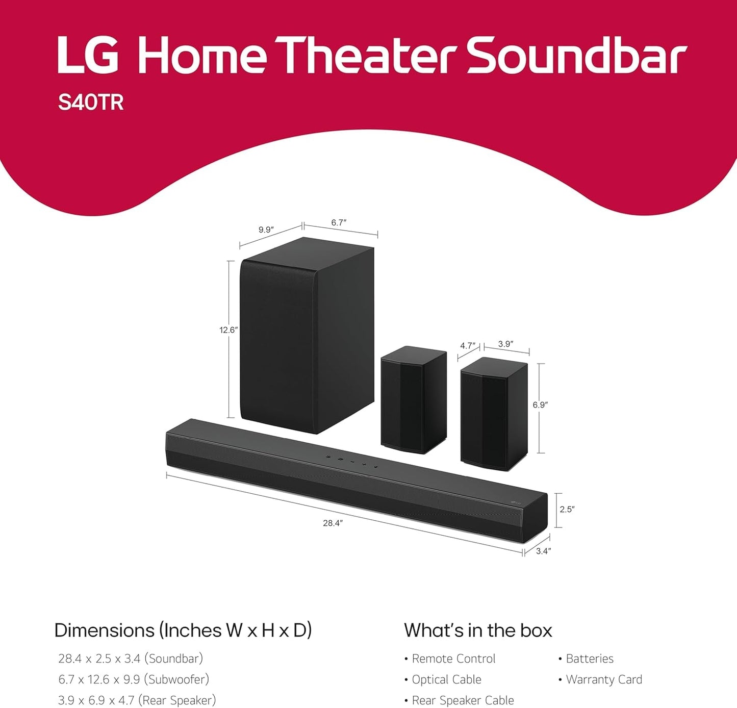 LG S40TR 4.1 Channel Soundbar w/ Rear Speakers Dolby Digital & DTS Digital Black