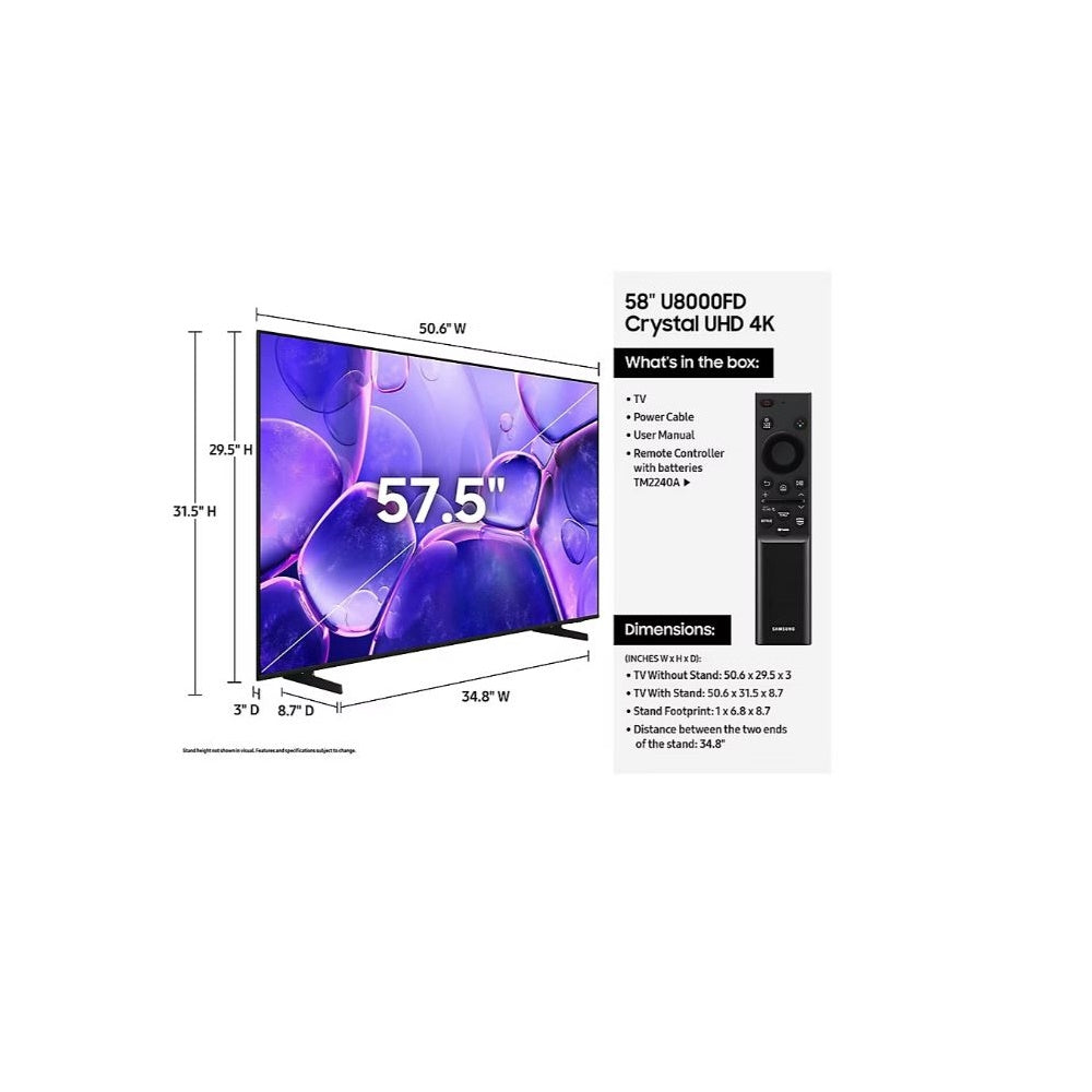 Samsung 58” Class U8000F Series Crystal UHD 4K Smart Tizen TV (2025) UN58U8000FD