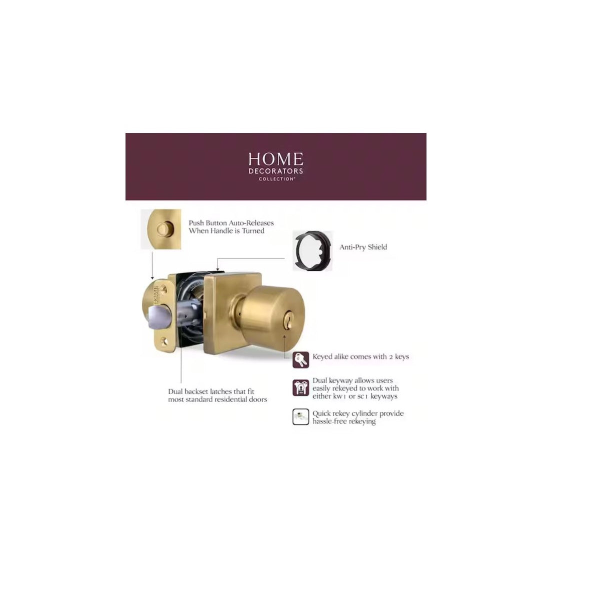 Ridgeway Brushed Gold Keyed Entry Door Knob with Square Rose Featuring Dual Keyway