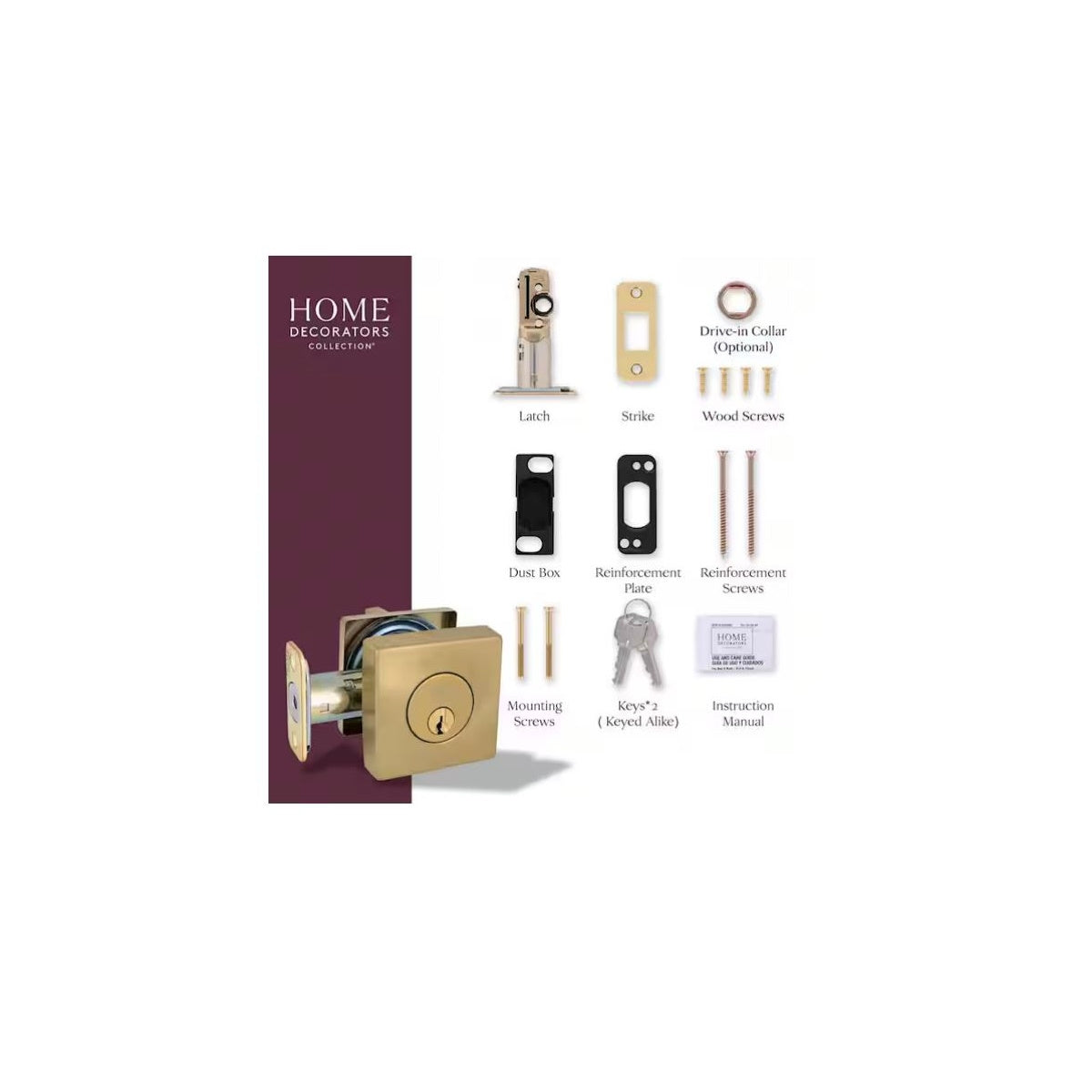 Square Brushed Gold Single Cylinder Deadbolt Featuring Dual Keyway DD2XM1PXJ