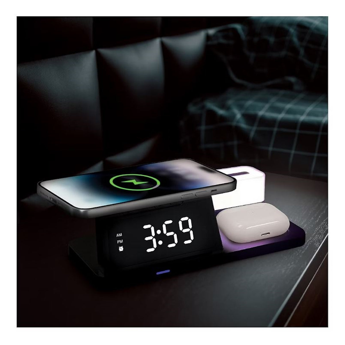 Smartpoint Wireless Charging Alarm Clock with Night Light, Smart Watch and Earbuds Charging Stations SPWLSCHACNL2