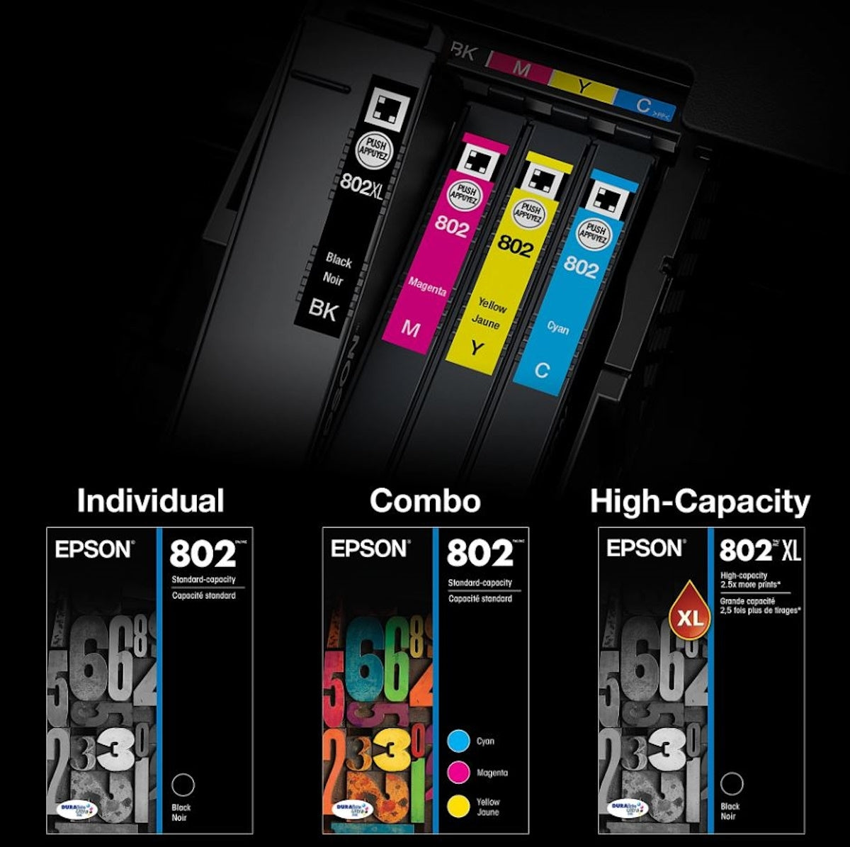 Epson T802XL/T802 Black High Yield & Cyan/Magenta/Yellow Standard Yield Ink Cartridge