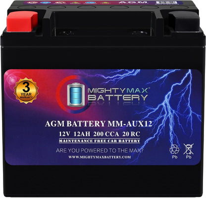 MIGHTY MAX MM-AUX12 Auxiliary Battery 12V 12Ah, 22RC, 200 CCA Rechargeable AGM Car Battery