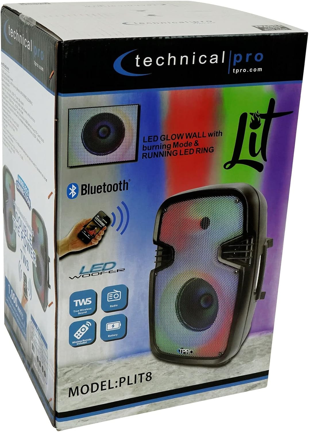 Technical Pro PLIT8 Rechargeable Portable 8" Bluetooth Party Speaker with LED