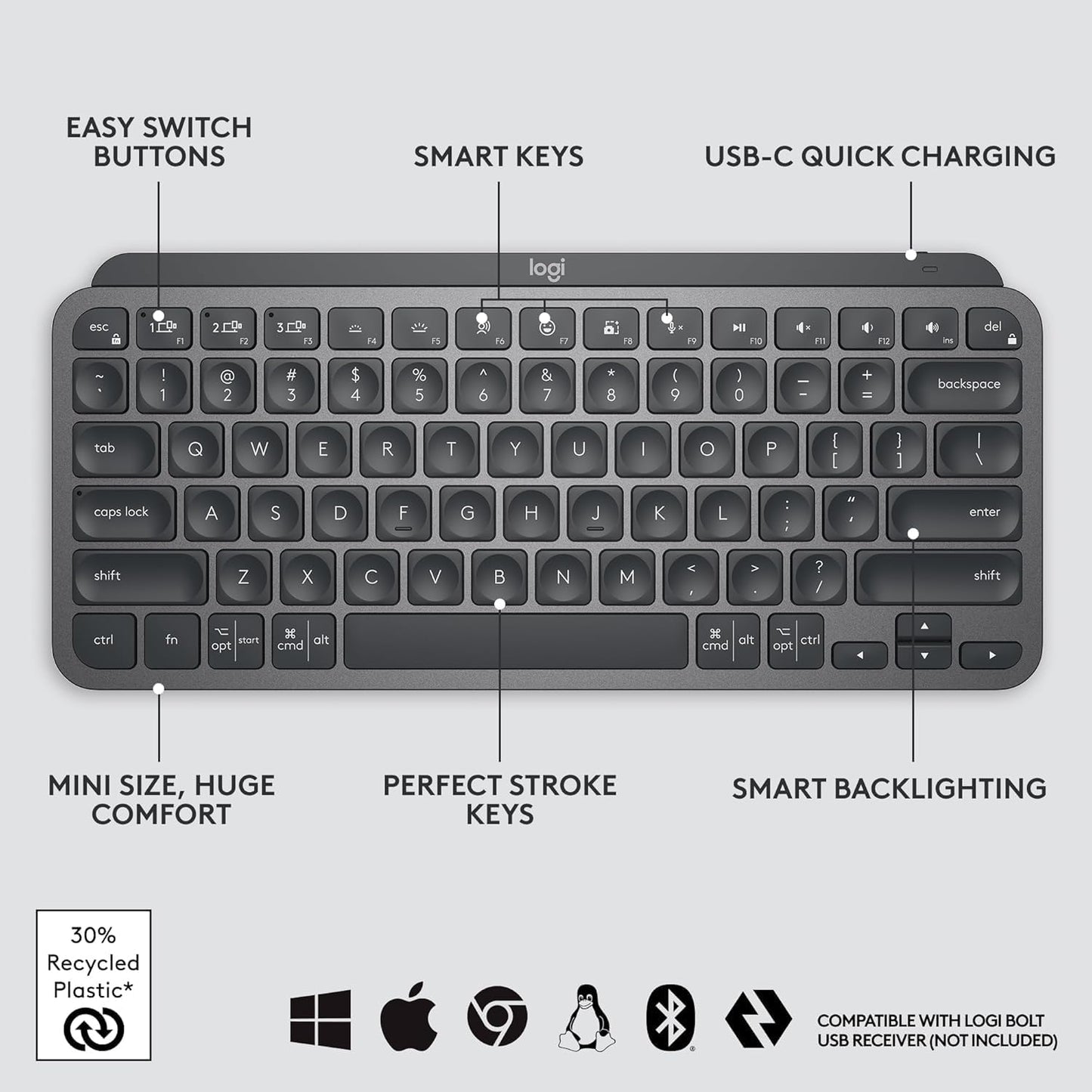 Logitech MX Keys Mini Wireless Keyboard Illuminated Compact, Bluetooth Graphite English 920-010388