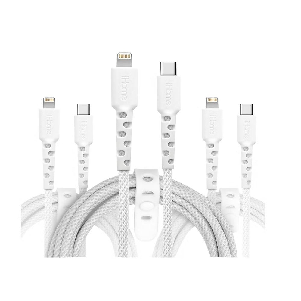 iHome TPE Durastrain Light-ning to USB-C Nylon Braided Charging Cable 3-PK