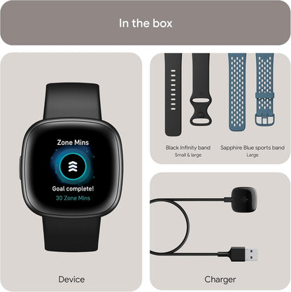 Fitbit Versa 4 Fitness Smartwatch Bundle Black/Graphite FB523BKBKL