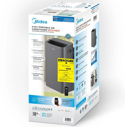 Midea 10,000 BTU DOE Smart Portable Air Conditioner with Heat, for spaces up to 450 sq. ft. MAP10HS1XWGR-T