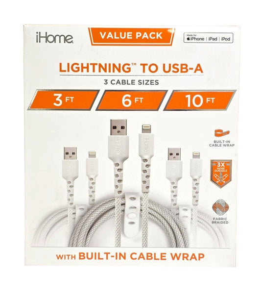 iHome TPE Light-n-ing cable to USB-A Nylon Braided Charging Cable Silicone Wrap 3 pk