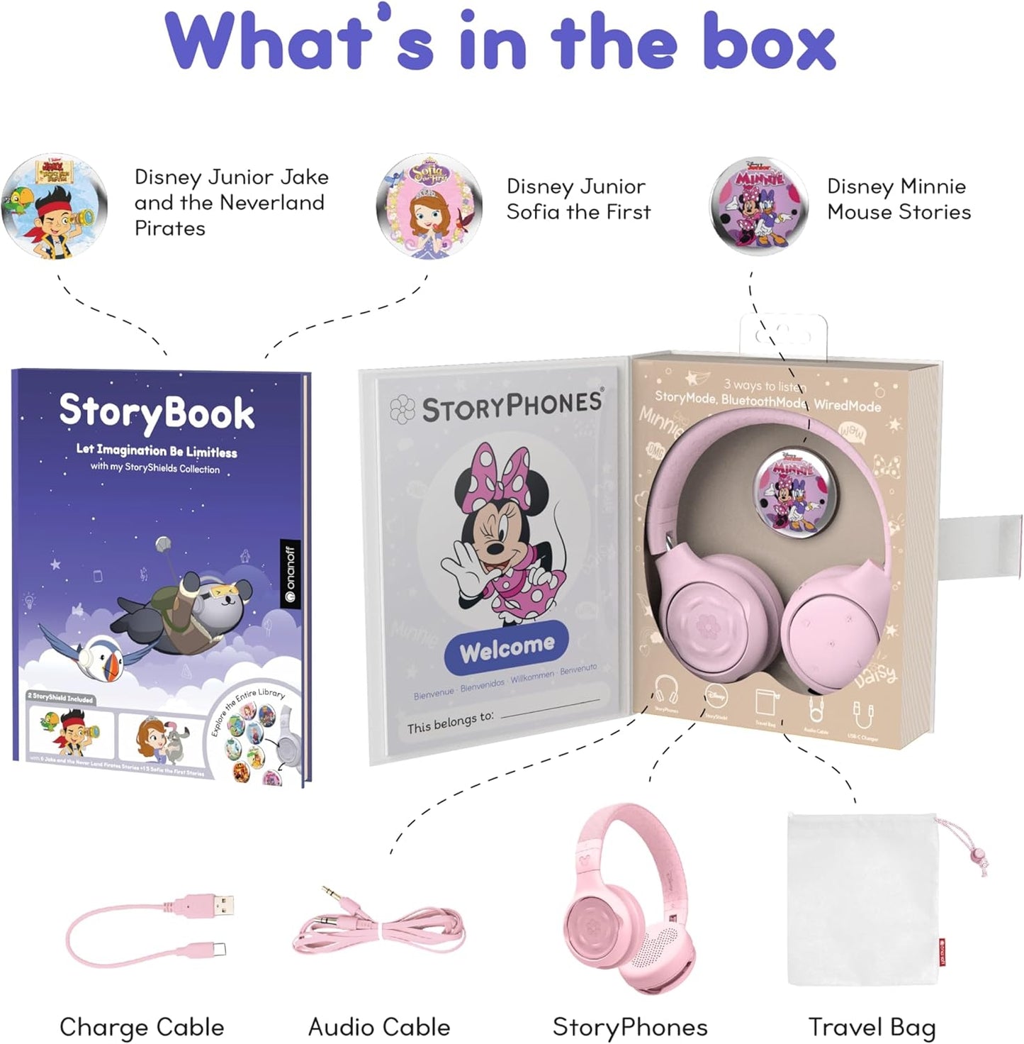 ONANOFF - StoryPhones Bluetooth Kids Folding On-Ear Storytelling Headphones with Mic, 20 Hours Play Time, Bundle - Pink