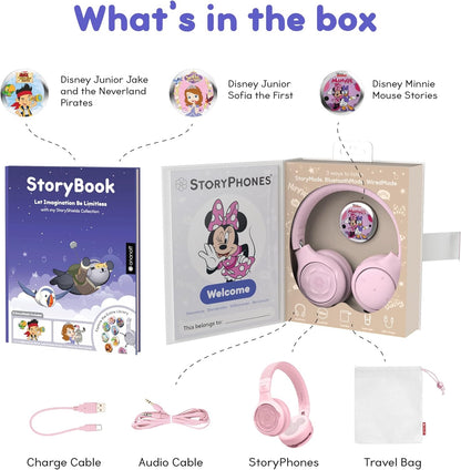 ONANOFF - StoryPhones Bluetooth Kids Folding On-Ear Storytelling Headphones with Mic, 20 Hours Play Time, Bundle - Pink