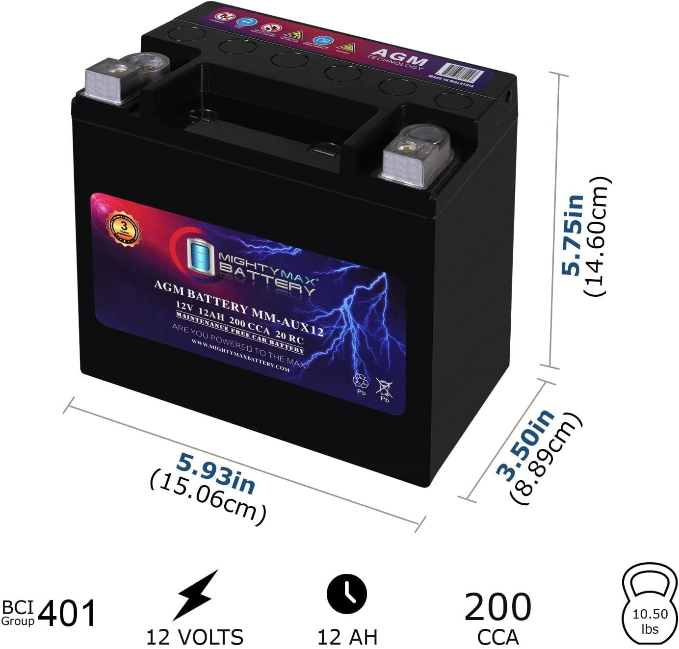 MIGHTY MAX MM-AUX12 Auxiliary Battery 12V 12Ah, 22RC, 200 CCA Rechargeable AGM Car Battery