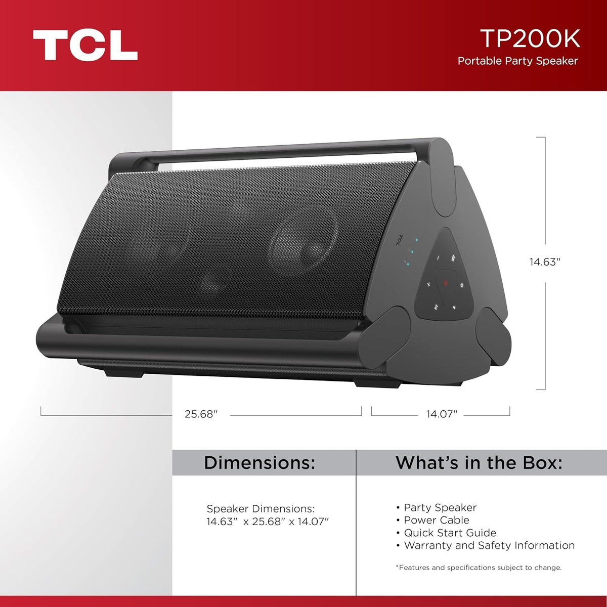 TCL TP200K Portable Bluetooth Party Speaker with 5 RGB Dynamic Light Shows, 12 Hr Battery